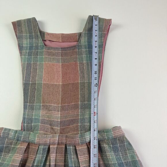 Vintage Plaid Pinafore Pleated Wool Dress L Handmade Removable Bib Cottagecore - Picture 8 of 10